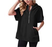 Kurzärmelige Oversize-Hoodies für Damen, Sommer, lässig, halber Reißverschluss, einfarbig, Flügelärmel, Y2K-Pullover, Tops mit Kängurutasche, Y2K, Teenager-Outfit, Schwarz , 46