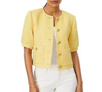 Kurzärmelige Puff-Tweed-Jacke für Damen, bauchfreie Jacke, Sommer, offene Vorderseite, Büro, Arbeit, Blazer, Mantel 2024, gelb, XL