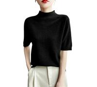 Kurzärmeliger Damen-Pullover aus Merinowolle, Basics-Sommer, Stehkragen, lässiger Strickpullover, Tops, T-Shirts, Schwarz , M