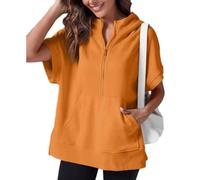 Kurzärmeliger Damen-Pullover mit halbem Reißverschluss, Sommer-Sweatshirt, Frühlingskleidung, lässig, leichte Hoodies mit Taschen, Orange, XL