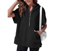 Kurzärmeliger Damen-Pullover mit halbem Reißverschluss, Sommer-Sweatshirt, Frühlingskleidung, lässig, leichte Hoodies mit Taschen, Schwarz , L