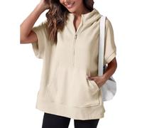 Kurzärmeliger Damen-Pullover mit halbem Reißverschluss, Sommer-Sweatshirt, Frühlingskleidung, lässig, leichte Hoodies mit Taschen, aprikose, XXL