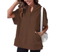 Kurzärmeliger Damen-Pullover mit halbem Reißverschluss, Sommer-Sweatshirt, Frühlingskleidung, lässig, leichte Hoodies mit Taschen, braun, L