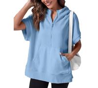 Kurzärmeliger Damen-Pullover mit halbem Reißverschluss, Sommer-Sweatshirt, Frühlingskleidung, lässig, leichte Hoodies mit Taschen, hellblau, L