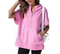 Kurzärmeliger Damen-Pullover mit halbem Reißverschluss, Sommer-Sweatshirt, Frühlingskleidung, lässig, leichte Hoodies mit Taschen, rose, S
