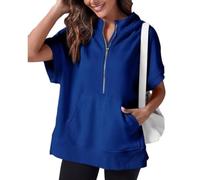 Kurzärmeliger Damen-Pullover mit halbem Reißverschluss, Sommer-Sweatshirt, Frühlingskleidung, lässig, leichte Hoodies mit Taschen, blau, L