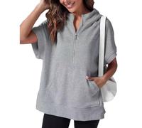 Kurzärmeliger Damen-Pullover mit halbem Reißverschluss, Sommer-Sweatshirt, Frühlingskleidung, lässig, leichte Hoodies mit Taschen, grau, L