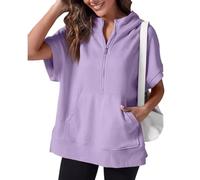 Kurzärmeliger Damen-Pullover mit halbem Reißverschluss, Sommer-Sweatshirt, Frühlingskleidung, lässig, leichte Hoodies mit Taschen, violett, S