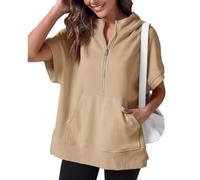 Kurzärmeliger Damen-Pullover mit halbem Reißverschluss, Sommer-Sweatshirt, Frühlingskleidung, lässig, leichte Hoodies mit Taschen, khaki, L