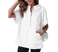 Kurzärmeliger Damen-Pullover mit halbem Reißverschluss, Sommer-Sweatshirt, Frühlingskleidung, lässig, leichte Hoodies mit Taschen, weiß, S