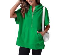Kurzärmeliger Damen-Pullover mit halbem Reißverschluss, Sommer-Sweatshirt, Frühlingskleidung, lässig, leichte Hoodies mit Taschen, grün, XL