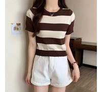 Kurzärmeliges Crop-Top für Damen, schmale Strick-Passform mit Streifendetails, entworfen für Schichten unter Jacken (braun)