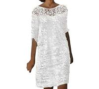 Kurzärmeliges einfarbiges Kleid im Boho-Stil für Damen, Sommer, kurze Ärmel, Spitze, Aushöhlung, Rundhalsausschnitt, weiß, lässiges Minikleid, Sommerkleid mit Ärmeln, weiß, XL