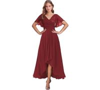 Kurzärmeliges Kleid für die Brautmutter, Chiffon, V-Ausschnitt, Tee-Länge, formelles Abendkleid, A-Linie, Hochzeitskleid mit Taschen, weinrot, 46