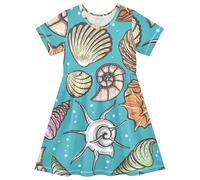 Kurzärmeliges Mädchenkleid, bunte Muscheln, A-Linie, schnelltrocknend, bequem, lässiges Sommerkleid für Mädchen, Alter 2-8 Jahre, mehrfarbig, 5-6 Jahre