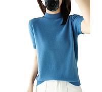 Kurzärmliger Damen-Pullover Mit Halbem Stehkragen, Schmaler Baumwollpullover, Weste, T-Shirt Gestrickt Blue XL