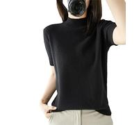 Kurzärmliger Damen-Pullover Mit Halbem Stehkragen, Schmaler Baumwollpullover, Weste, T-Shirt Gestrickt Black XXL