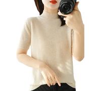 Kurzärmliger Damen-Pullover Mit Halbem Stehkragen, Schmaler Baumwollpullover, Weste, T-Shirt Gestrickt Beige S