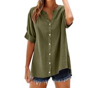 Kurzarm Bluse Damen Elegant Leinenbluse Baumwolle Leinen Hemd V-Ausschnitt Hemdbluse Leicht Luftig Leinenhemd Strand Tunika Sommer Tops Button-Down Blusenshirt Lässige Longbluse Locker Oberteile