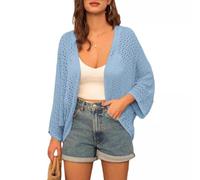 Kurzarm Bolero Damen, Bolero Cardigan Damen, Kurzer Cardigan Mit Lochmuster, Häkel Schulterjacke, 3/4 Ärmel, Sommer Schulterjacke Für Kleider Und Oberteile, Offener Strandüberwurf, Blau,