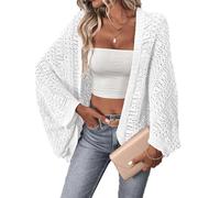Kurzarm Bolero Damen, Gehäkelte Damen Strickjacke Mit 3/4 Fledermausärmeln, Offener Vorderseite, Bolero Schal, Leicht, Lässig, Locker Fallend, Wasserfall Strickjacke, Weiß, Größe S