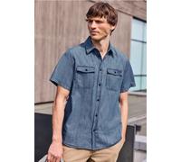 Kurzarmhemd STREET ONE MEN, Herren, Gr. M (40), US-Größen, indigo blau wash, Web, 100% Baumwolle, unifarben, regular fit normal, V-Ausschnitt, abgesteppt, Hemden, aus reiner Baumwolle (78093403-M) ind