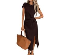 Kurzarm Maxikleid für Damen Elegantes T Shirt Sommerkleid mit Schlitz Schlichtes Figurbetontes Businesskleid Formelles Abendkleid für Hochzeiten Abschlussbälle Braun Größe L