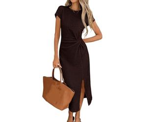 Kurzarm Maxikleid für Damen Elegantes T Shirt Sommerkleid mit Schlitz Schlichtes Figurbetontes Businesskleid Formelles Abendkleid für Hochzeiten Abschlussbälle Braun Größe L