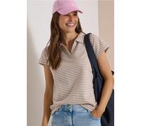 Poloshirt CECIL, Damen, Gr. L (42), creamy mocha, Web, 95% Baumwolle, 5% Elasthan, gestreift, comfort fit normal, hoch geschlossener Ausschnitt, abgesteppt, Shirts, im Streifendesign (73668401-L) crea