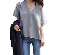 Kurzarm Pullover Damen Strick V-Ausschnitt Pullover Lose Top Basic Bluse, Mittelgrau, X-Groß