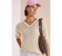 Kurzarmpullover CECIL, Damen, Gr. L (42), pearl beige, Web, 100% Baumwolle, Strukturmuster, comfort fit normal, V-Ausschnitt, Rippbündchen, Pullover, mit V-Ausschnitt (25629540-L) pearl beige