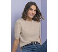 Kurzarmpullover STREET ONE, Damen, Gr. 36, beige (clay sand meliert), Web, Material: 37% Baumwolle, 34% Polyacryl, 26% Polyester, 3% Elasthan, unifarben, normal normal, Rundhals, Rippbündchen, Pullove