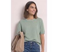 Kurzarmpullover STREET ONE, Damen, Gr. 46, grün (eucalyptus grün meliert), Web, 37% Baumwolle, 34% Polyacryl, 26% Polyester, 3% Elasthan, unifarben, normal normal, Rundhals, Rippbündchen, Pullover, im