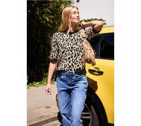 Kurzarmpullover STREET ONE STUDIO, Damen, Gr. 34, beige (schwarz), Web, 50% Nylon, 27% Polyacryl, 18% Baumwolle, 5% Elasthan, comfort fit normal, Rundhals, Rippbündchen, Pullover, mit allover Leoprint