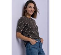 Kurzarmpullover STREET ONE, Damen, Gr. 46, braun (schwarz coffee), Stoff, 50% Viskose, 28% Polyester, 22% Polyamid, gepunktet, normal normal, Rundhals, Rippbündchen, Pullover, mit Punkten (86908661-46