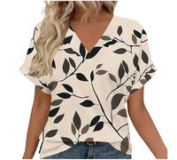 Kurzarm Shirt Damen V-Ausschnitt Sommer Tshirt Elegant Bequem Oberteile Lässig Baggy Tunika Sommershirts Bunte Neuer Print Bluse Tops Baumwolle Leicht Sportshirt Klassisch Longshirt