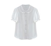 Kurzarm Shirts Frauen Solide Peter Pan Kragen Geraffte Lolita Stil Süße Adrette Mode Schule Mädchen Tops Schöne Neue Casual