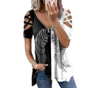 Kurzarm T-Shirt für Damen mit 1/4-Reißverschluss Blumendruck lässiges Tunika Oberteil V-Ausschnitt kalte Schulter Bluse Top Crossover kurze Ärmel Hemd bedruckte Tunika ausgehöhlte Schulter Shirt S-5XL