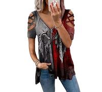 Kurzarm T-Shirt für Damen mit 1/4-Reißverschluss Blumendruck lässiges Tunika Oberteil V-Ausschnitt kalte Schulter Bluse Top Crossover kurze Ärmel Hemd bedruckte Tunika ausgehöhlte Schulter Shirt S-5XL