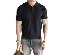 Kurzarm-T-Shirt für Herren, schmale Passform, Polo-Stil, Knopfleiste, leicht, atmungsaktiv, Sport, Freizeitkleidung, UK-Größen (schwarz, L)