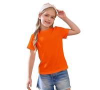 Kurzarm-T-Shirt für Mädchen, Baumwolle, einfarbig, Rundhalsausschnitt, Basic-Top, Kinder, adrett, Schule, athletisch, Freizeit-Shirt, leicht, weiche Bluse, Orange, 6-7 Jahre