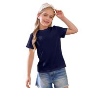 Kurzarm-T-Shirt für Mädchen, Baumwolle, einfarbig, Rundhalsausschnitt, Basic-Top, Kinder, adrett, Schule, athletisch, Freizeit-Shirt, leicht, weiche Bluse, dunkelblau, 10-11 Jahre