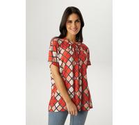 Kurzarmbluse ANISTON SELECTED, Damen, Gr. 48, rot, schwarz, apricot, beige, Crêpe, Obermaterial: 95% Polyester, 5% Elasthan, Rautenmuster, bedruckt, gemustert, hüftbedeckend, Blusen, in extra weiter F