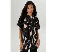 Kurzarmbluse ANISTON SELECTED, Damen, Gr. 52, schwarz (schwarz, beige), Crêpe, Obermaterial: 95% Polyester, 5% Elasthan, bedruckt, gemustert, weit hüftbedeckend, Blusen, in extra weiter Form (82496621