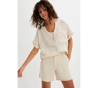 Kurzarmbluse BONPRIX, Damen, Gr. 52, beige (kieselbeige), Obermaterial: 100% Baumwolle, loose fit, Blusen, aus Baumwolle, loose fit Passform, mit aufgesetzter Tasche (53930832-52) kieselbeige