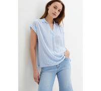 Kurzarmbluse BONPRIX "Kurzarmbluse aus fließender Viskose", Damen, Gr. 38, blau (perlblau, weiß gestreift), Web, Obermaterial: 100% Viskose, gestreift, loose fit hüftbedeckend, V-Ausschnitt, angeschni