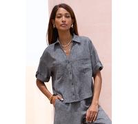 Kurzarmbluse BUFFALO "aus strukturierter Webware mit Melange-Optik", Damen, Gr. 42, dunkelgrau meliert, Web, Obermaterial: 100% Polyester, meliert, figurumspielend taillenbedeckt, V-Ausschnitt, mit Ri