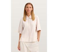 Kurzarmbluse BUGATTI, Damen, Gr. 42, 30, beige, Sweatware, 78% Viskose, 9% Polyester, 7% Leinen, 6% Baumwolle, gestreift, normal, ohne Ausschnitt, Blusen, gestreift mit Hemdkragen (15977904-42) 30, be