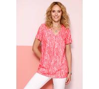 Kurzarmbluse CLASSIC BASICS, Damen, Gr. 38, grapefruit, ecru, bedruckt, 100% Polyester, geblümt, gemustert, mehrfarbig, V-Ausschnitt, Blusen (47681157-38) grapefruit, ecru, bedruckt