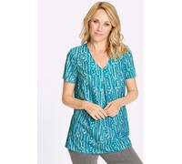 Kurzarmbluse CLASSIC BASICS, Damen, Gr. 40, türkis, ecru, bedruckt, 100% Polyester, geblümt, gemustert, mehrfarbig, V-Ausschnitt, Blusen (79822008-40) türkis, ecru, bedruckt